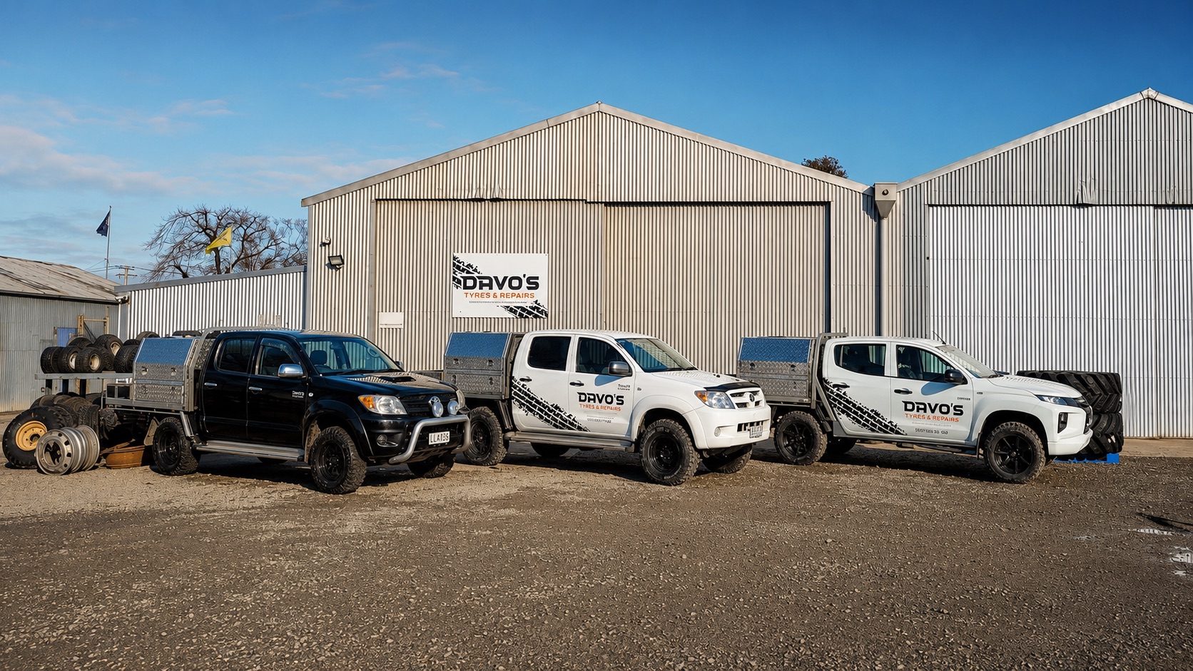The three Davo's Tyres & Repairs fleet utes lined up in front of the workshop
